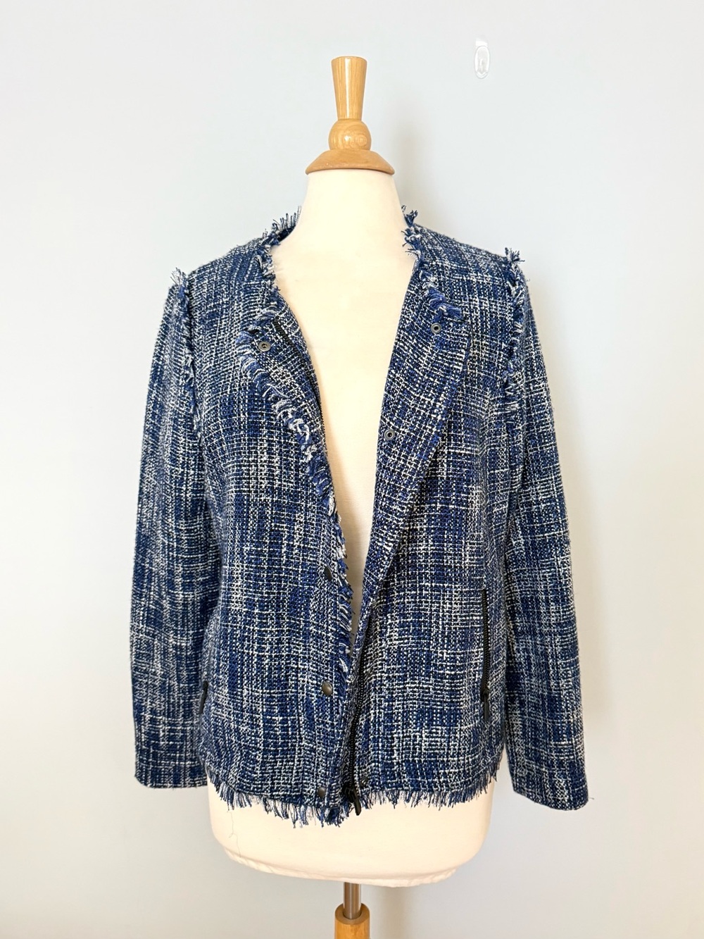 Halogen Blue and White Tweed Frayed-Trim Blazer